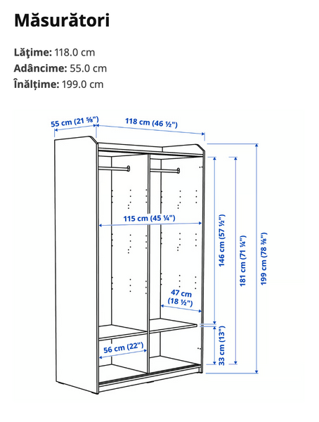 Dulap IKEA de haine cu usi glisante, alb –118x55x199 cm